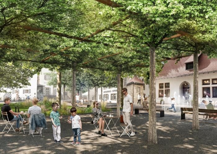 Visualisierung: Landschaftsarchitekturbüro Biegert, Bad Friedrichshall Visualisierte Ansicht des neu gestalteten Schlossplatzes mit Kioskbereich