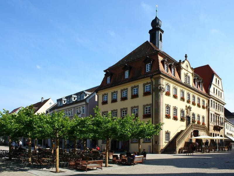 Blick auf das historische Rathaus mit Platanenplatz im Vordergrund.  